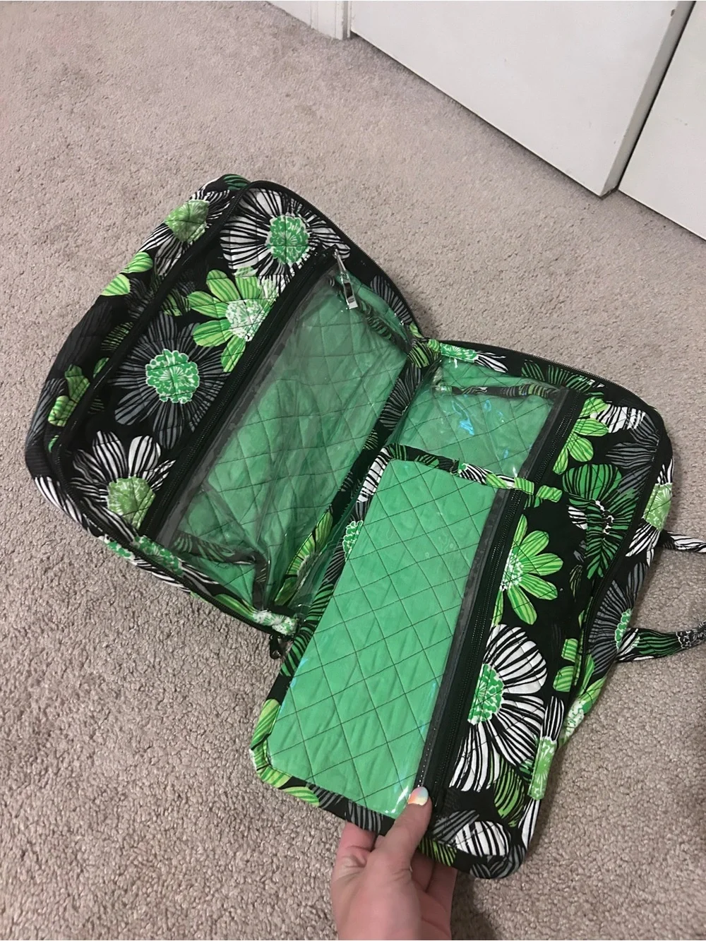 Handmade Floral Green Quilted Travel Makeup and Toiletries Bag